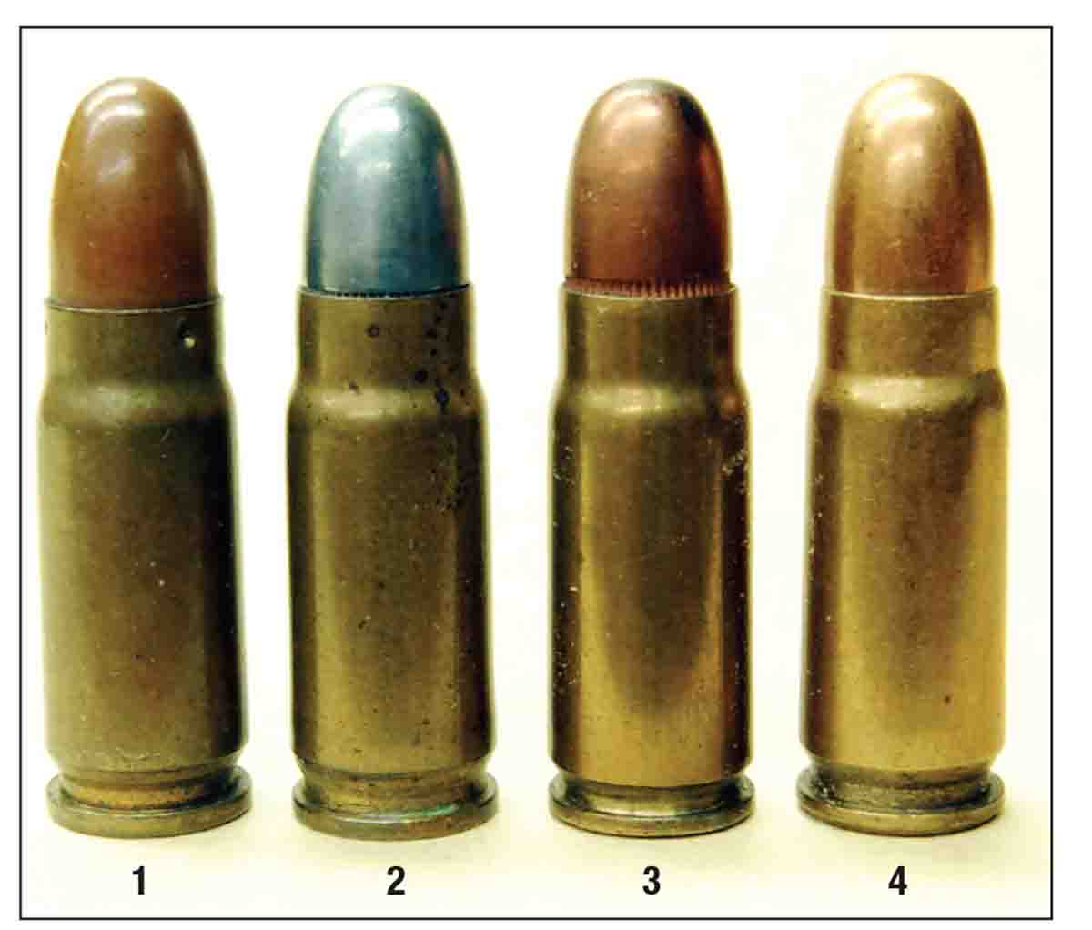 Ancestors of the 30 Luger are the: (1) 7.65mm Mannlicher, (2) 7.65mm Borchardt, (3) 7.63mm Mauser and (4) 7.62mm Tokarev. All are the same physical size, but loaded to different pressures.